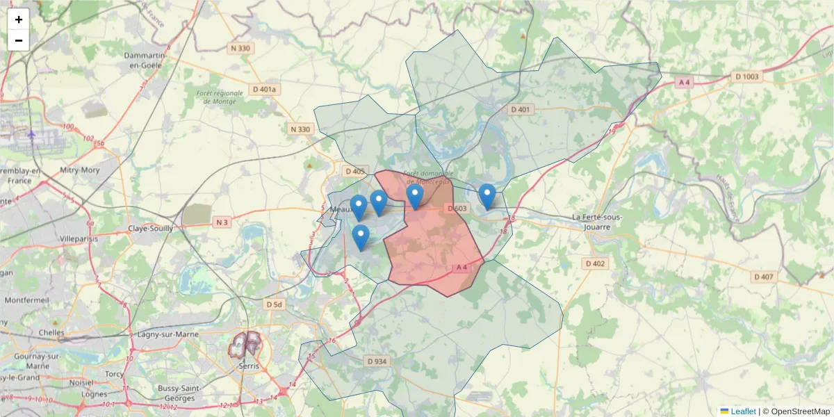 Carte de la zone du code postal  et des codes postaux voisins en France
