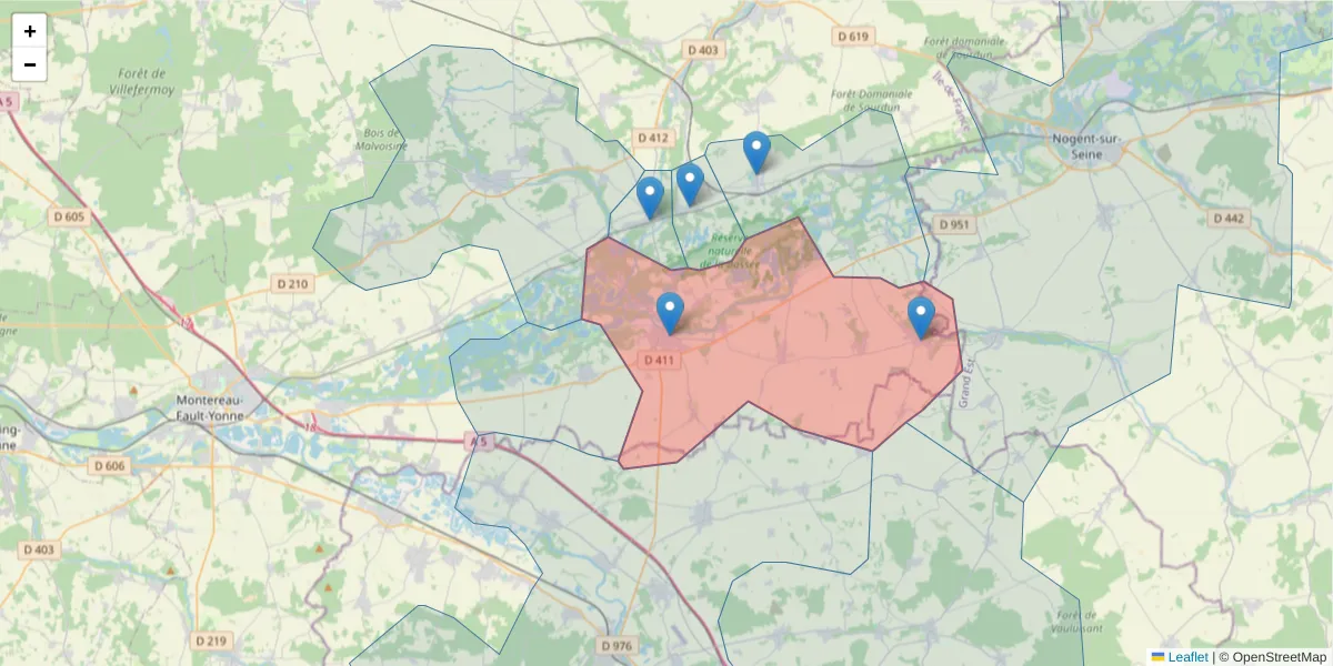 Carte de la zone du code postal  et des codes postaux voisins en France
