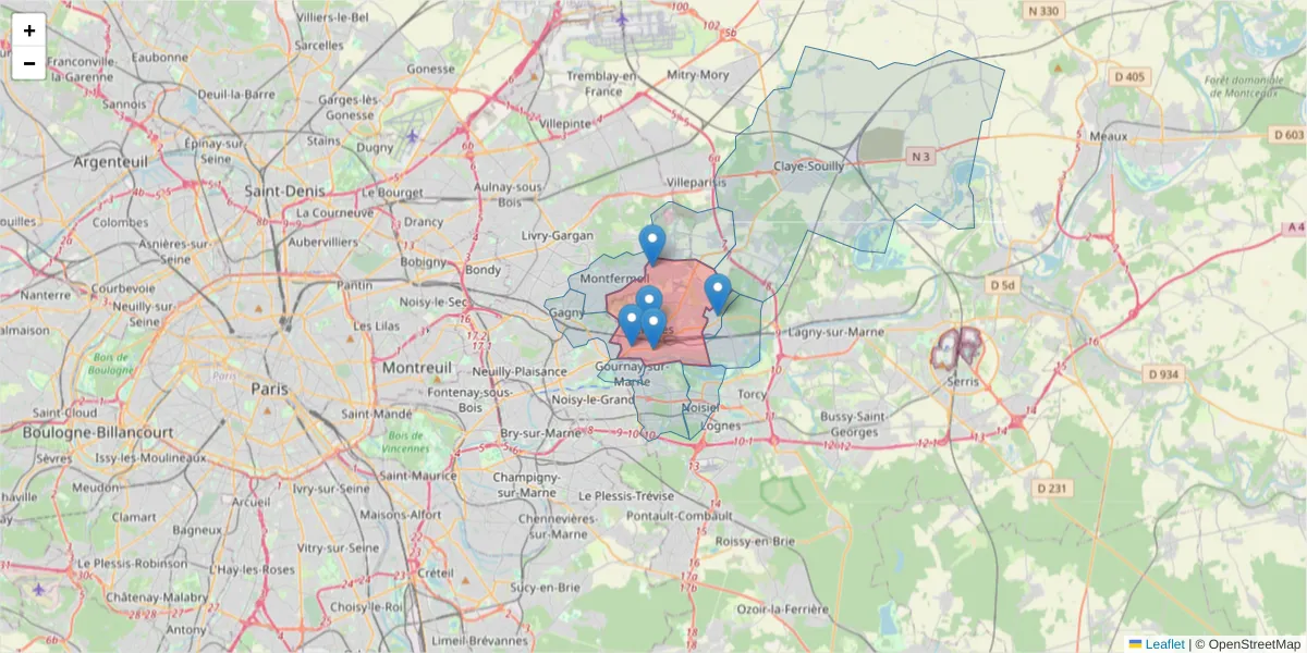 Carte de la zone du code postal  et des codes postaux voisins en France
