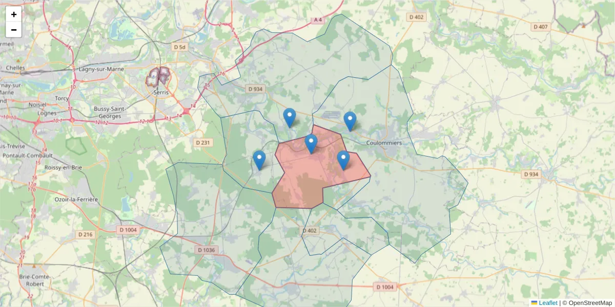 Carte de la zone du code postal  et des codes postaux voisins en France