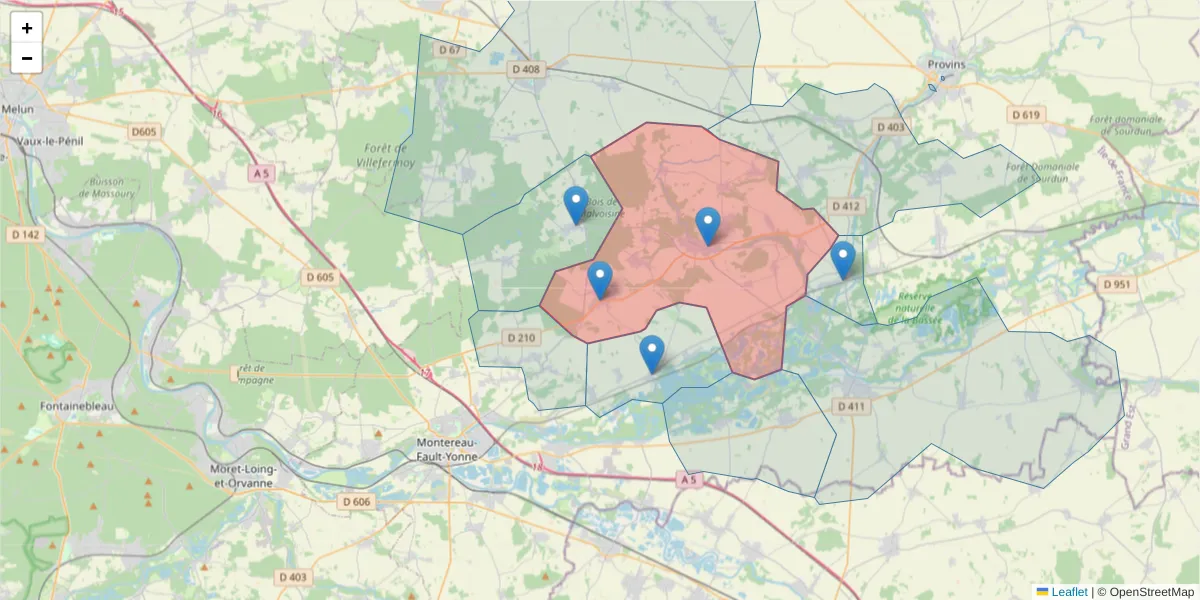 Carte de la zone du code postal  et des codes postaux voisins en France