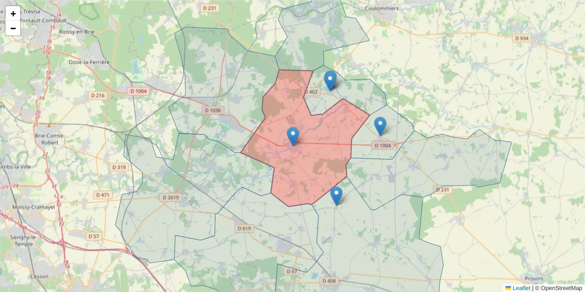 Carte de la zone du code postal  et des codes postaux voisins en France
