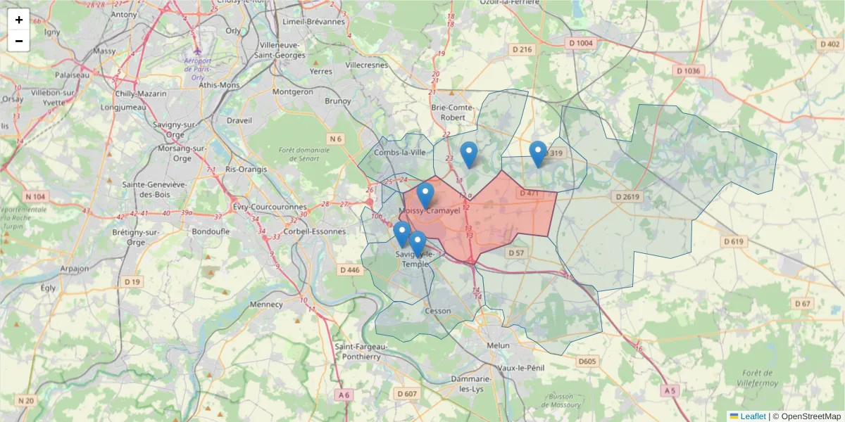 Carte de la zone du code postal  et des codes postaux voisins en France