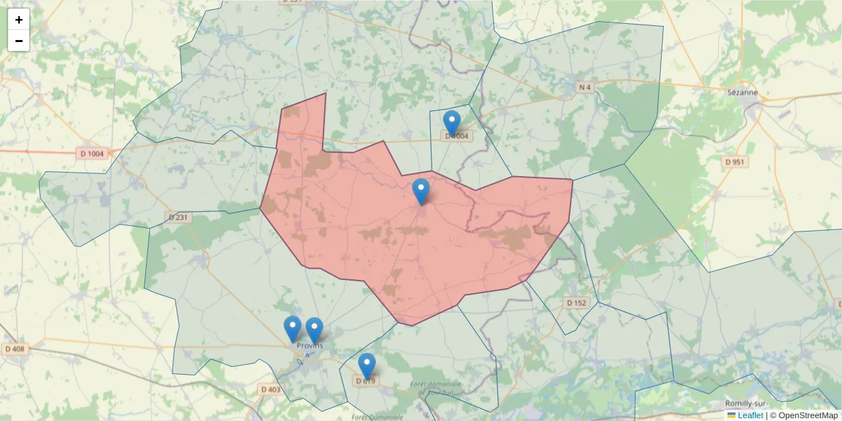 Carte de la zone du code postal  et des codes postaux voisins en France