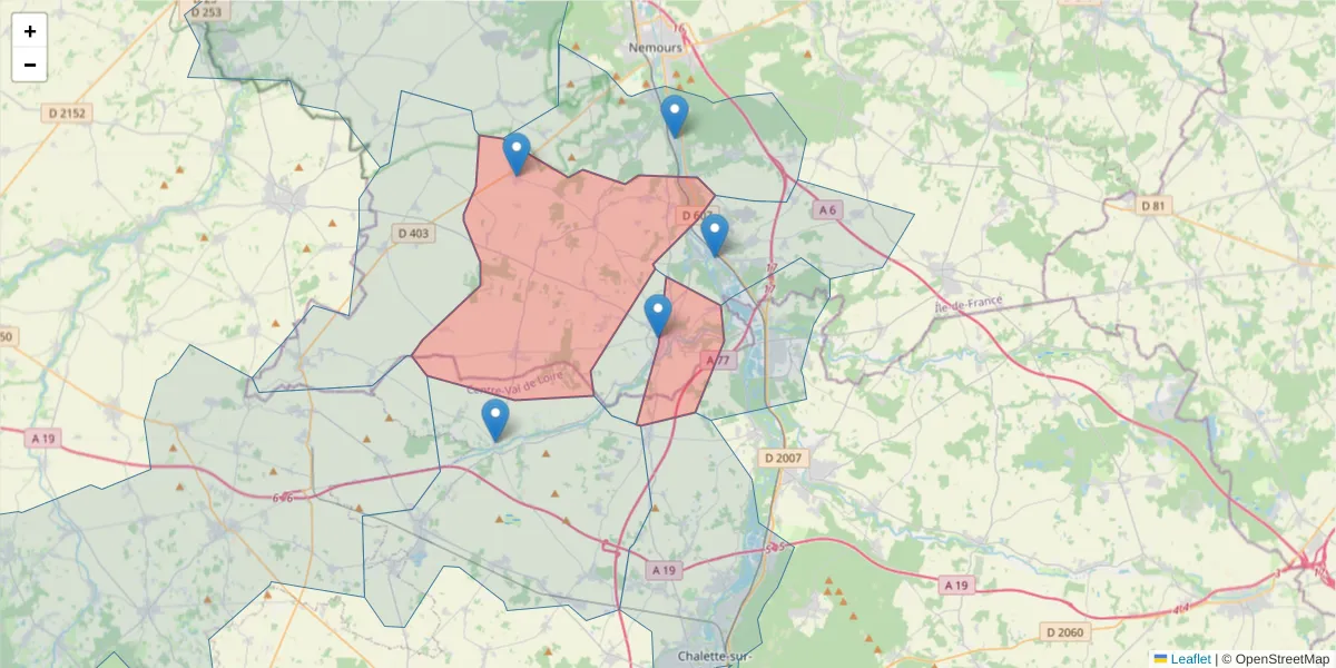 Carte de la zone du code postal  et des codes postaux voisins en France
