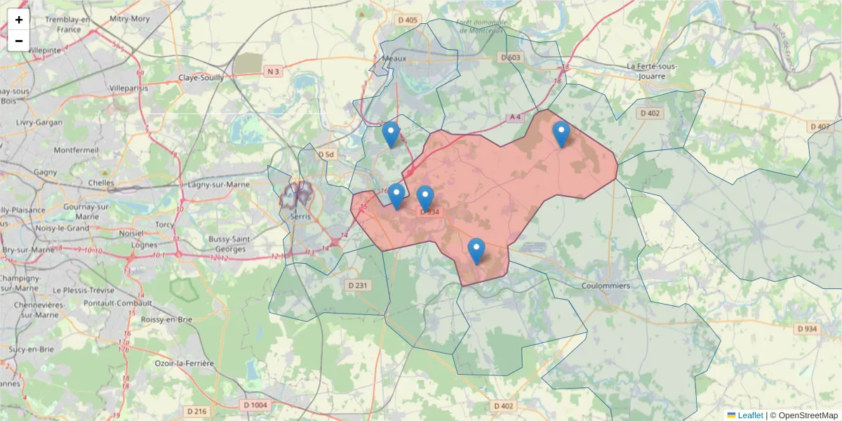 Carte de la zone du code postal  et des codes postaux voisins en France
