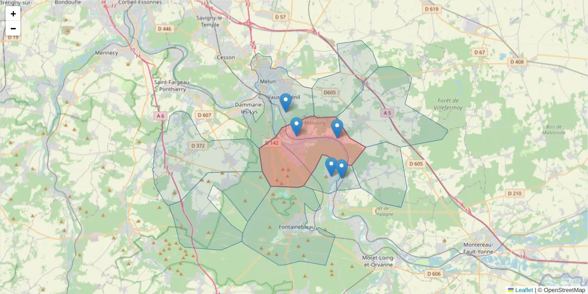 Carte de la zone du code postal  et des codes postaux voisins en France