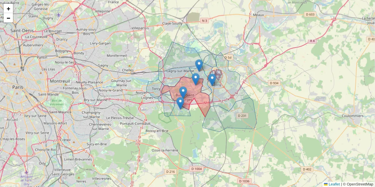 Carte de la zone du code postal  et des codes postaux voisins en France