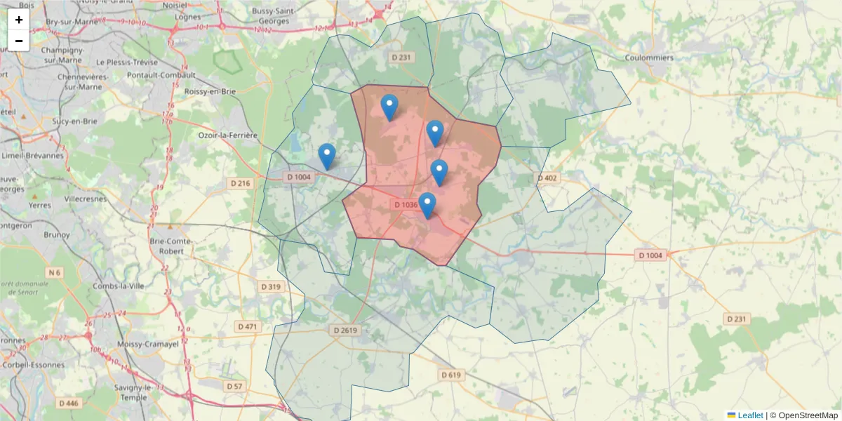 Carte de la zone du code postal  et des codes postaux voisins en France