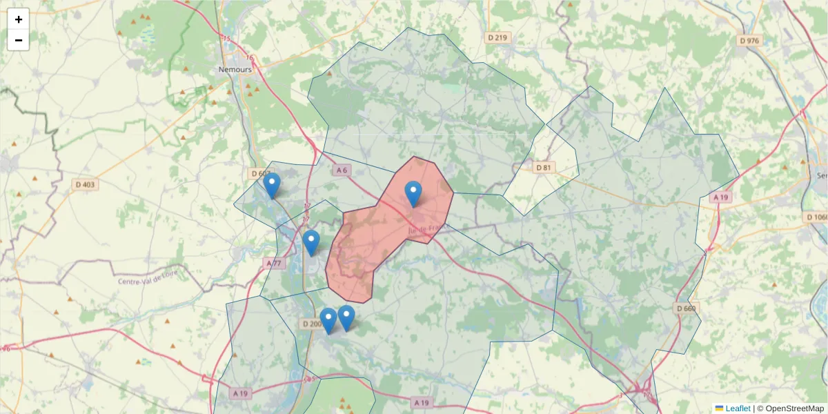 Carte de la zone du code postal  et des codes postaux voisins en France