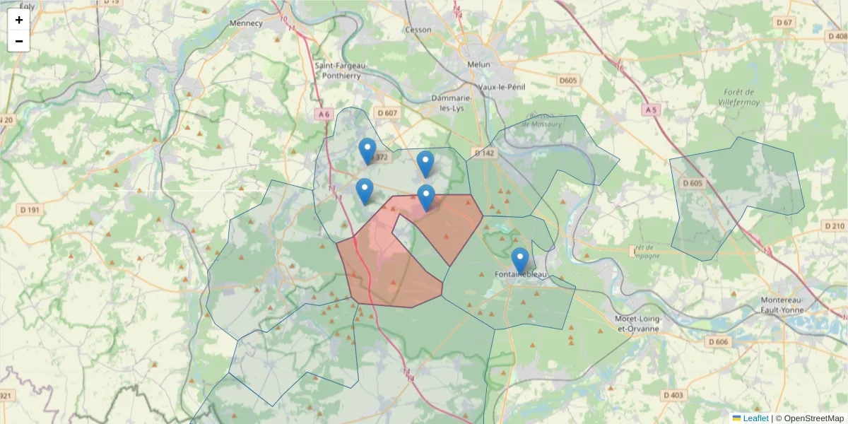 Carte de la zone du code postal  et des codes postaux voisins en France