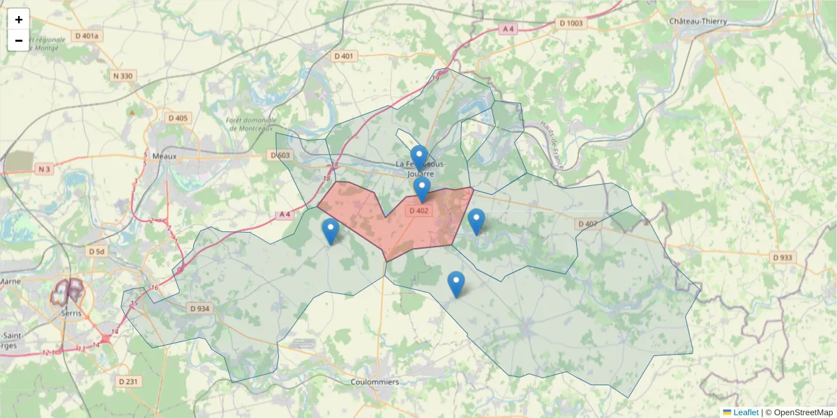 Carte de la zone du code postal  et des codes postaux voisins en France
