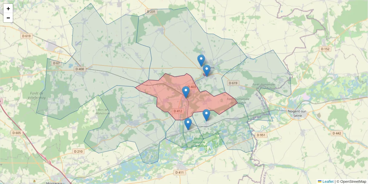 Carte de la zone du code postal  et des codes postaux voisins en France