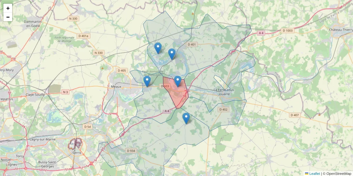 Carte de la zone du code postal  et des codes postaux voisins en France