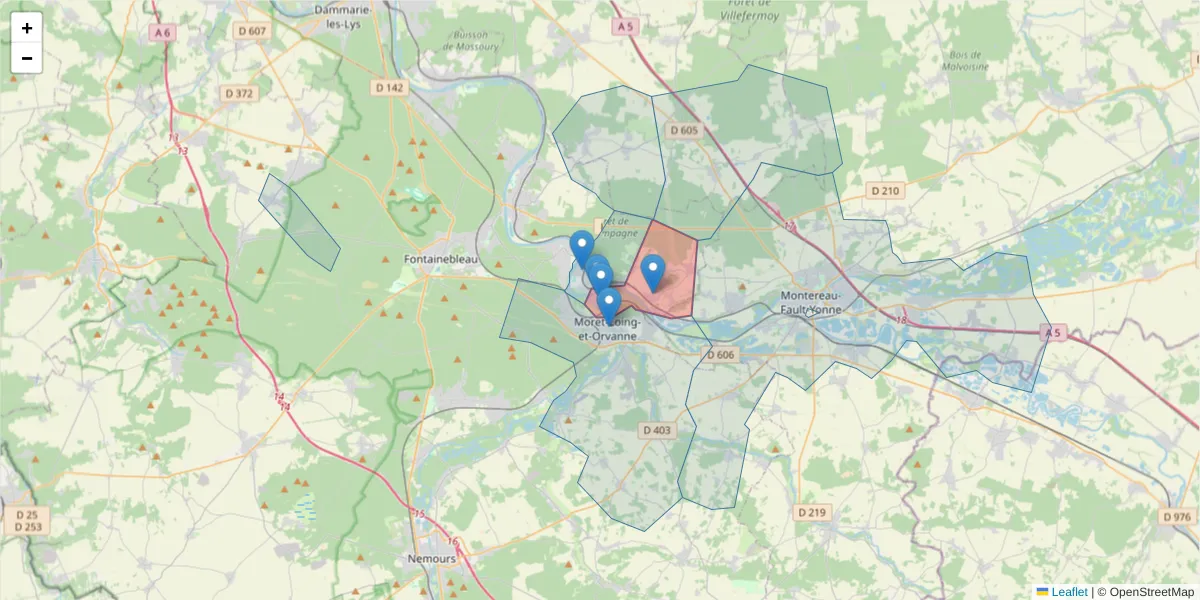 Carte de la zone du code postal  et des codes postaux voisins en France