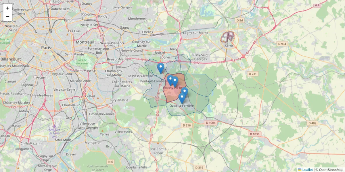 Carte de la zone du code postal  et des codes postaux voisins en France