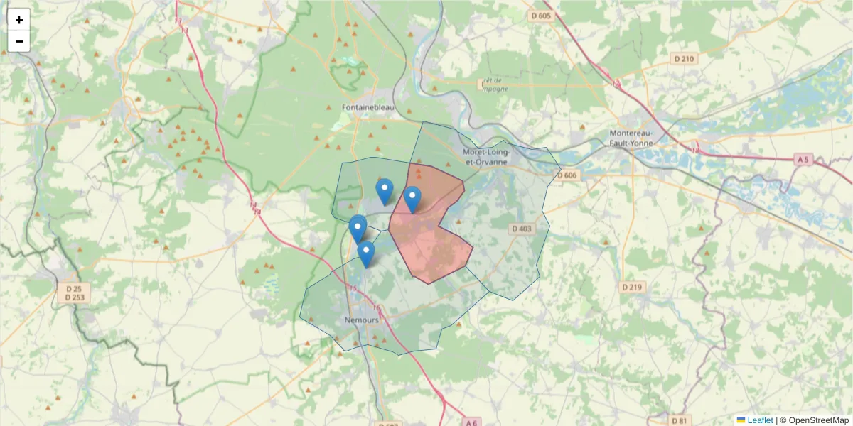 Carte de la zone du code postal  et des codes postaux voisins en France