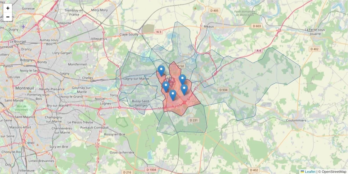 Carte de la zone du code postal  et des codes postaux voisins en France