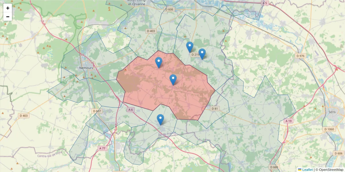 Carte de la zone du code postal  et des codes postaux voisins en France