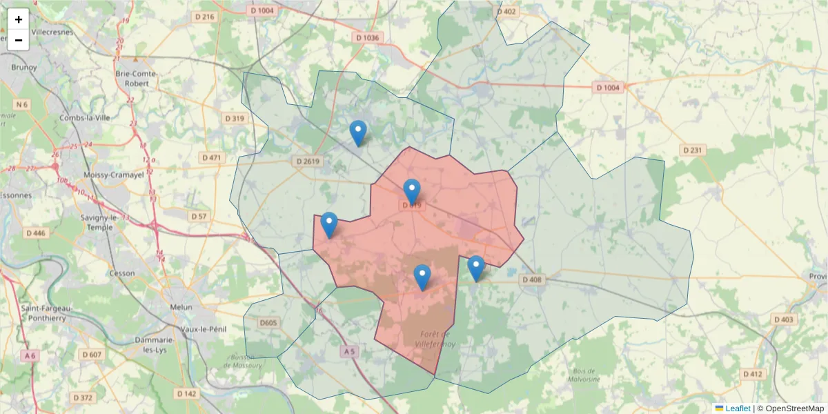 Carte de la zone du code postal  et des codes postaux voisins en France
