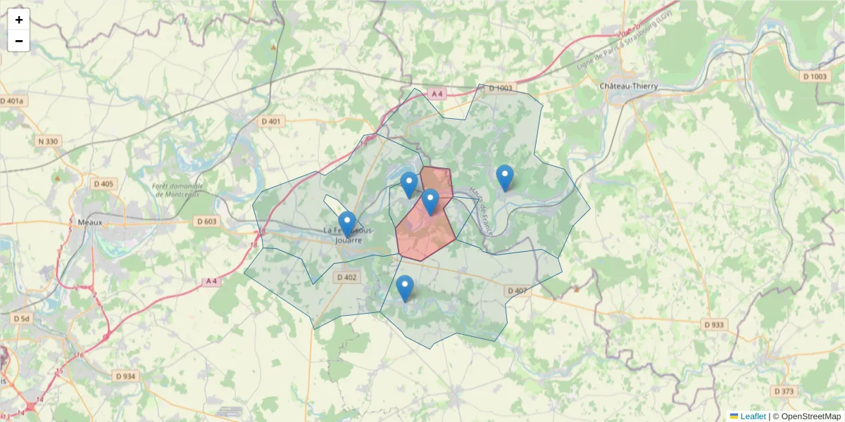 Carte de la zone du code postal  et des codes postaux voisins en France
