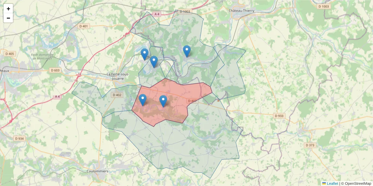 Carte de la zone du code postal  et des codes postaux voisins en France