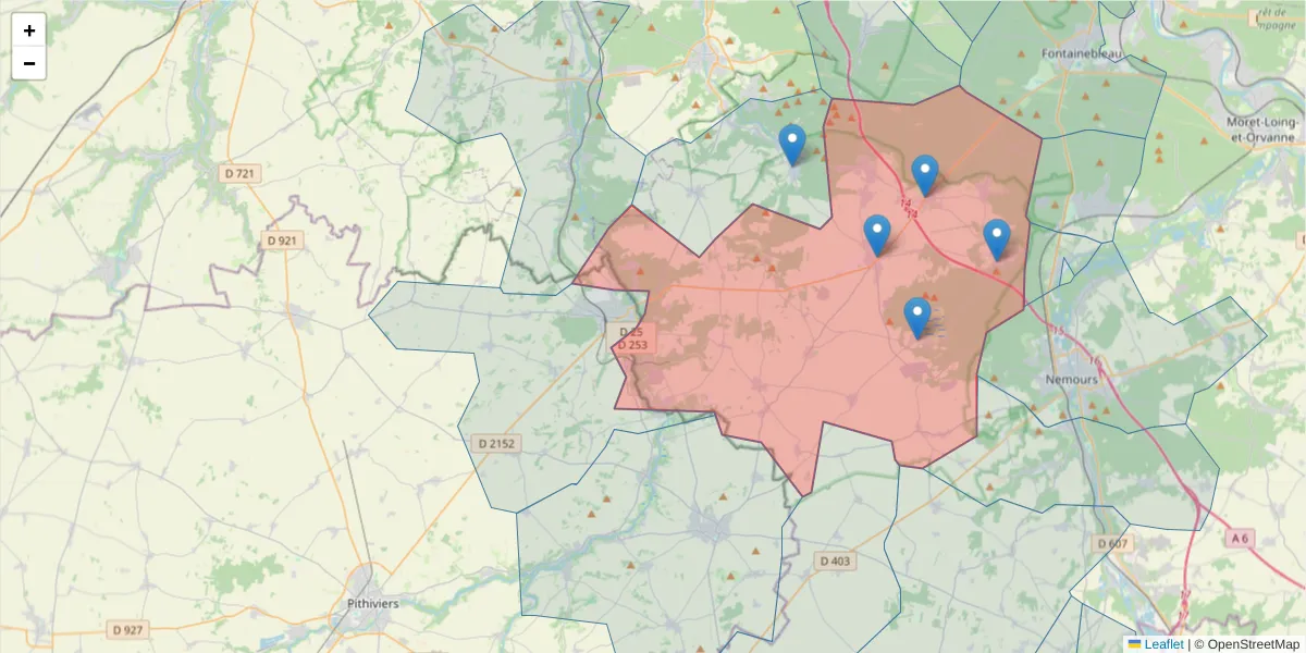 Carte de la zone du code postal  et des codes postaux voisins en France