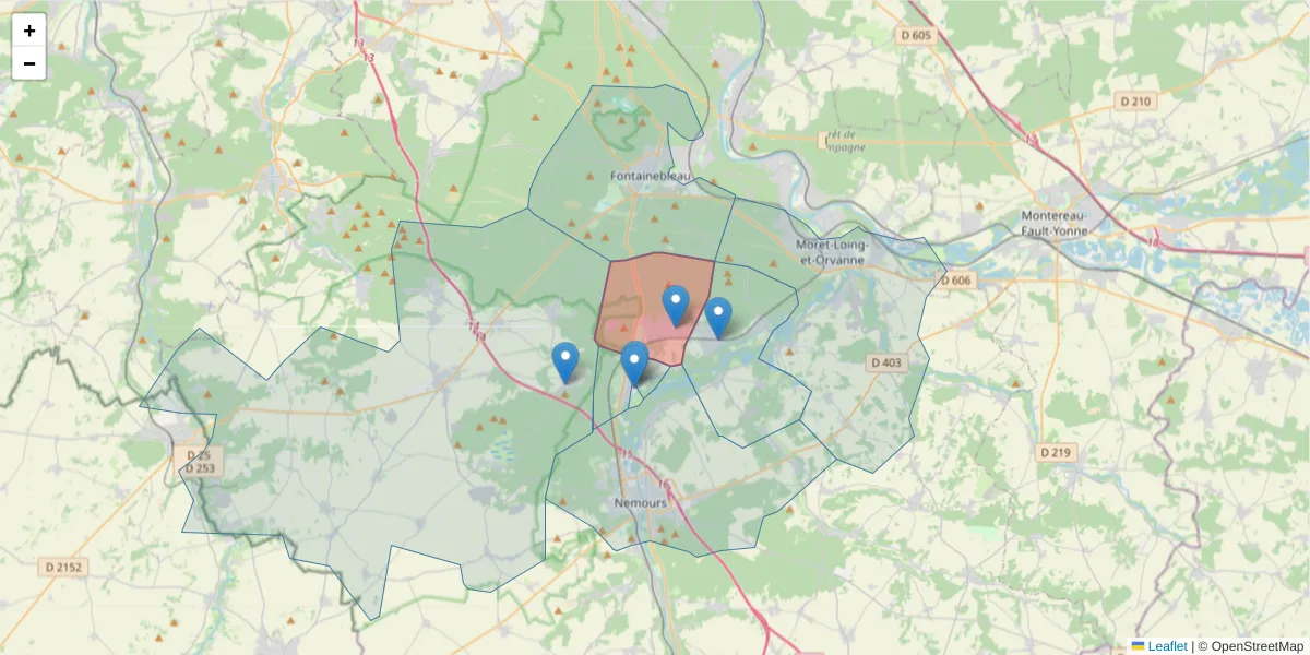 Carte de la zone du code postal  et des codes postaux voisins en France