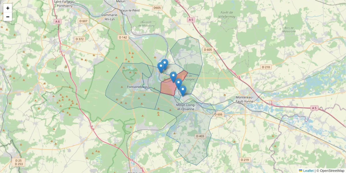 Carte de la zone du code postal  et des codes postaux voisins en France