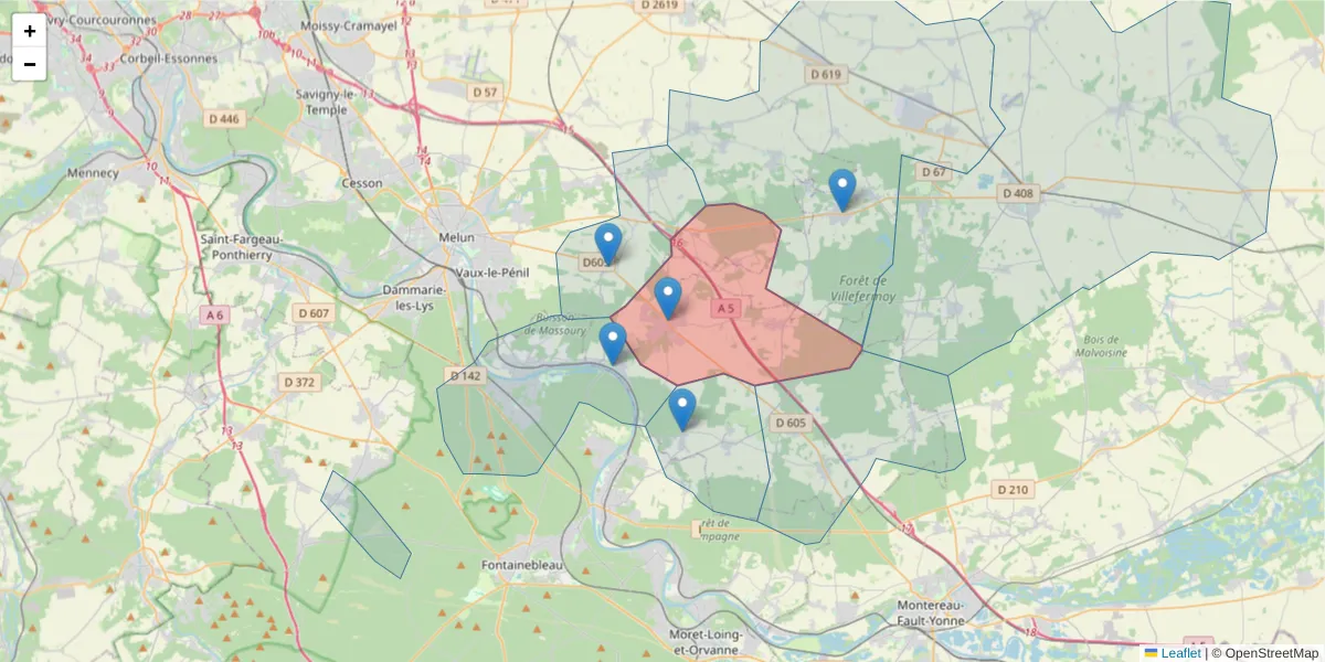 Carte de la zone du code postal  et des codes postaux voisins en France