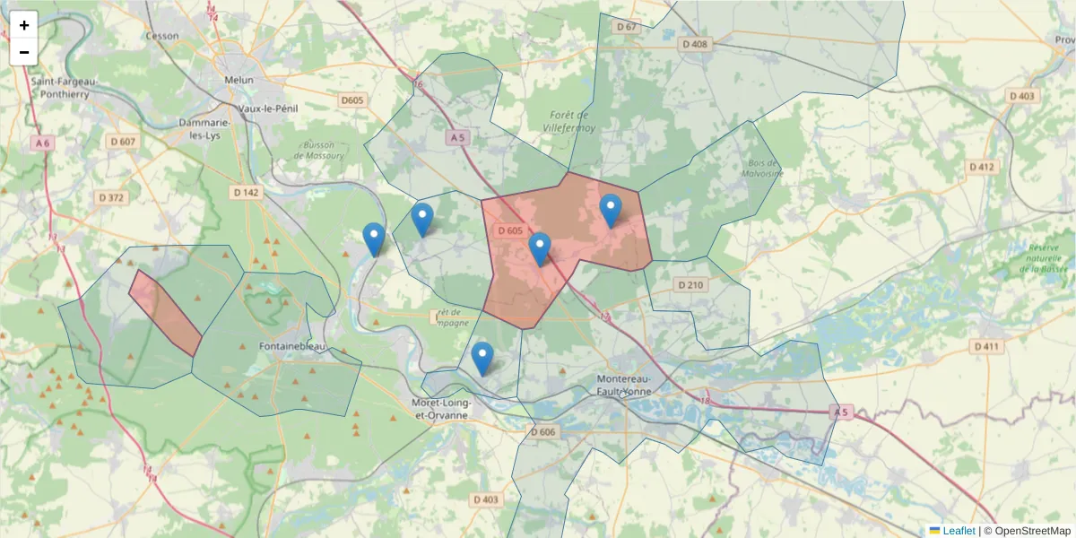 Carte de la zone du code postal  et des codes postaux voisins en France