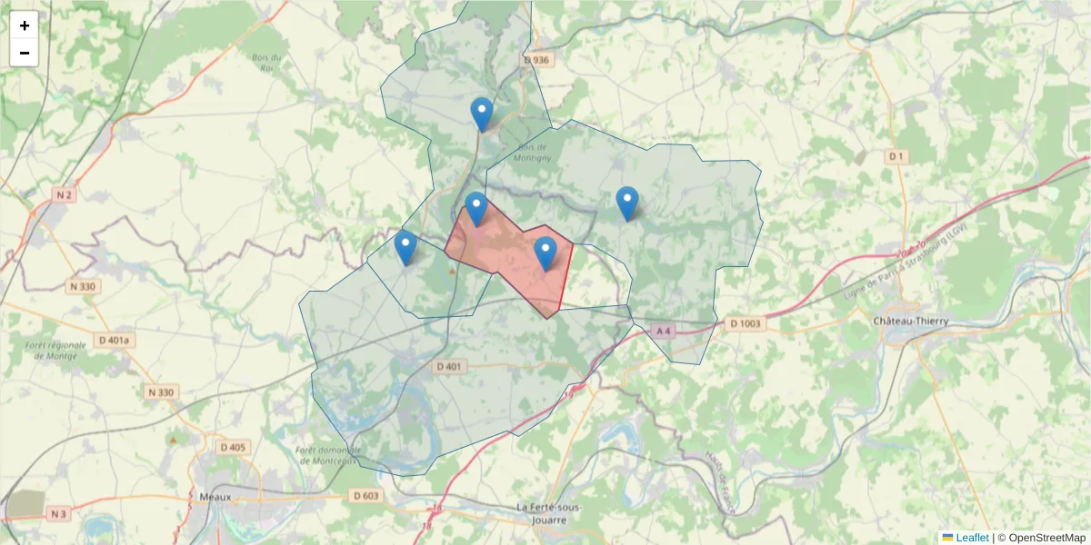 Carte de la zone du code postal  et des codes postaux voisins en France