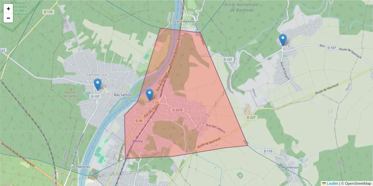Carte de la zone du code postal  et des codes postaux voisins en France