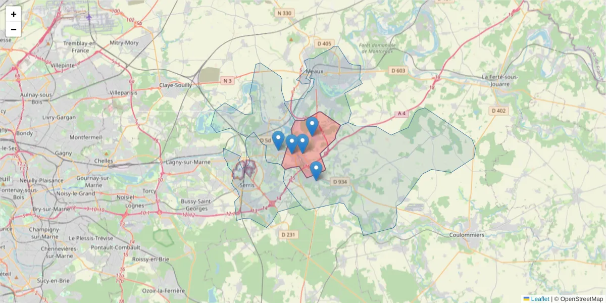 Carte de la zone du code postal  et des codes postaux voisins en France