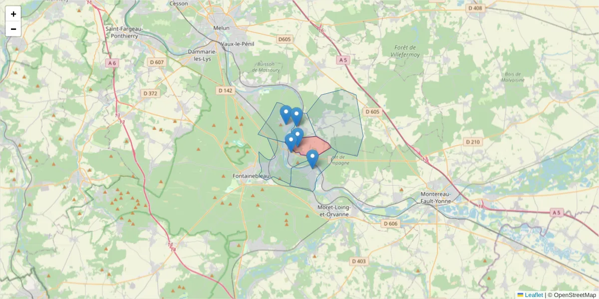 Carte de la zone du code postal  et des codes postaux voisins en France