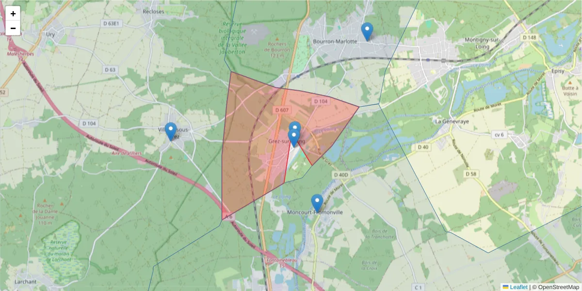 Carte de la zone du code postal  et des codes postaux voisins en France
