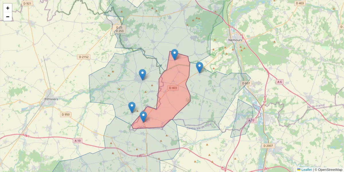 Carte de la zone du code postal  et des codes postaux voisins en France