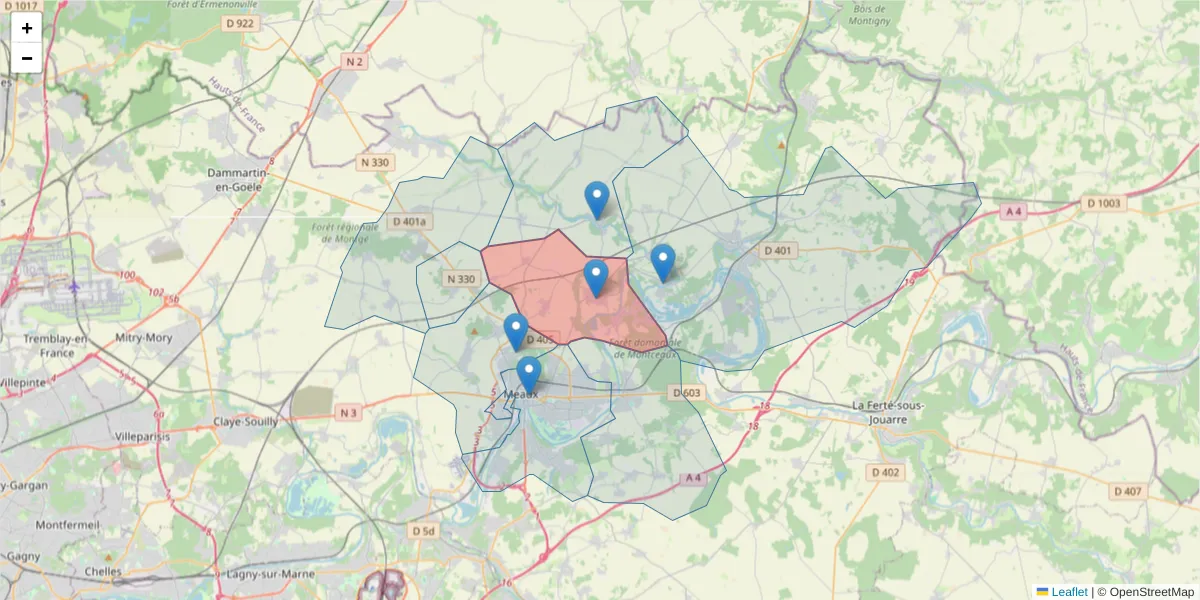Carte de la zone du code postal  et des codes postaux voisins en France
