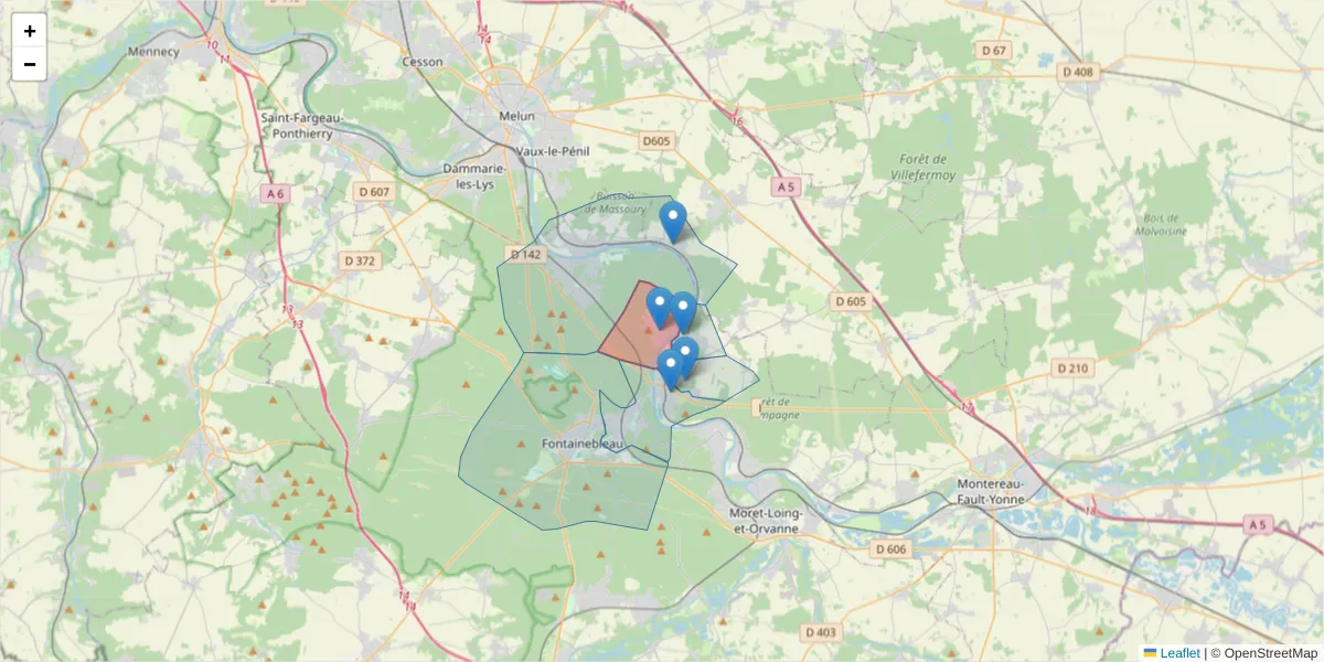 Carte de la zone du code postal  et des codes postaux voisins en France