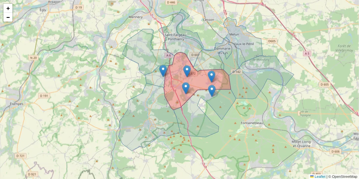 Carte de la zone du code postal  et des codes postaux voisins en France