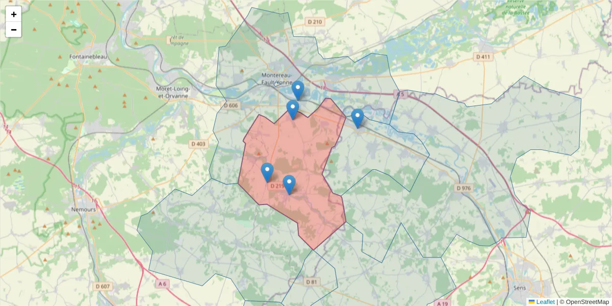 Carte de la zone du code postal  et des codes postaux voisins en France