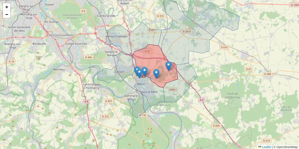 Carte de la zone du code postal  et des codes postaux voisins en France