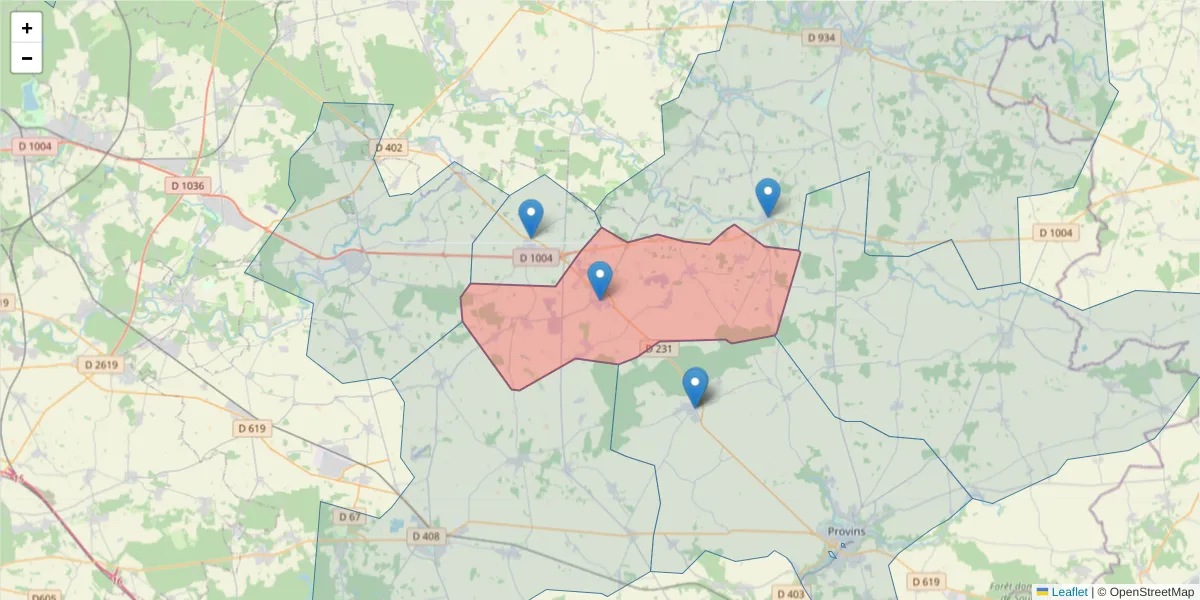 Carte de la zone du code postal  et des codes postaux voisins en France