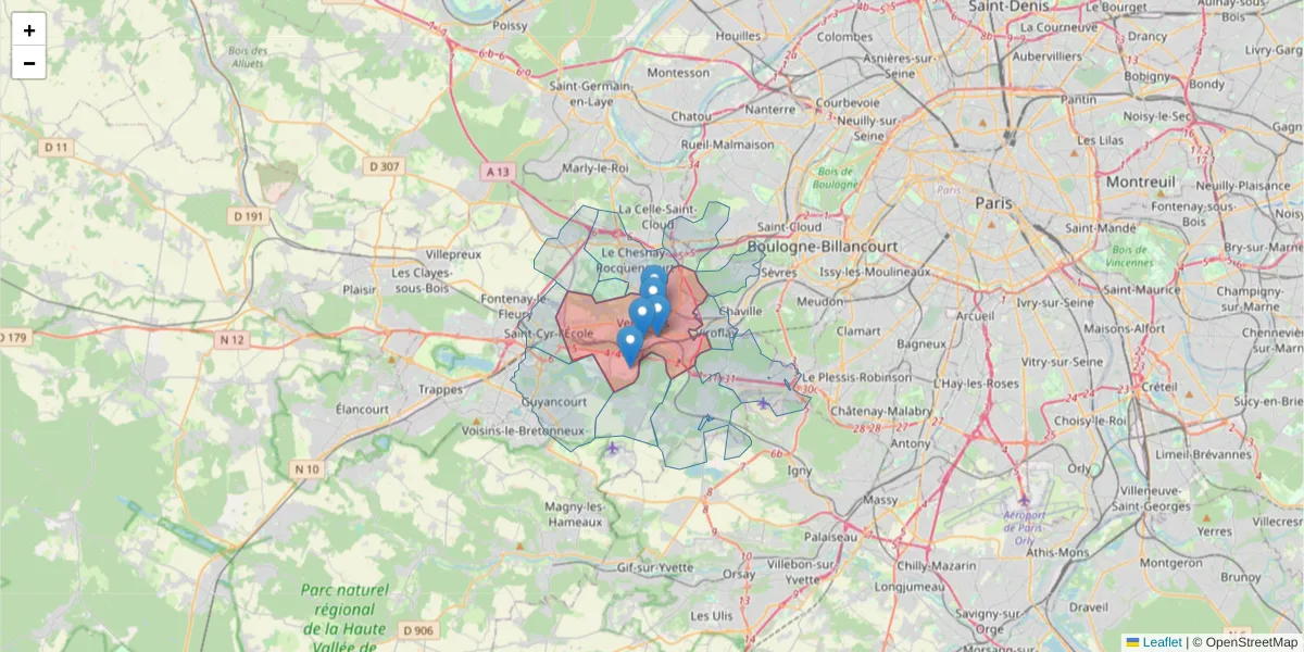 Carte de la zone du code postal  et des codes postaux voisins en France