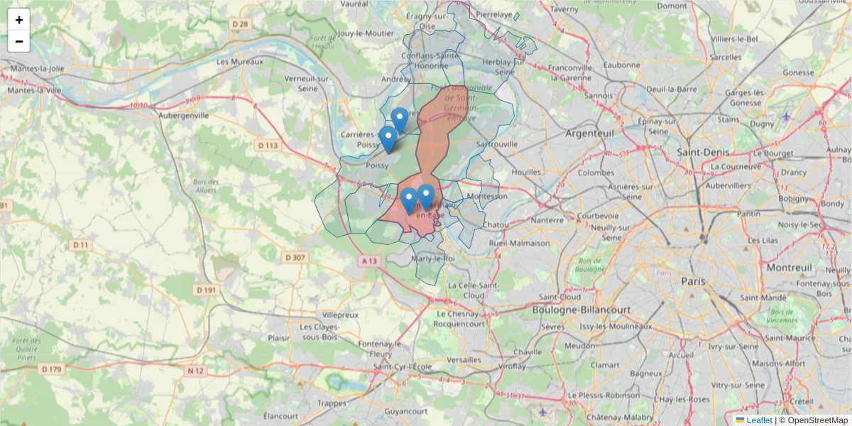 Carte de la zone du code postal  et des codes postaux voisins en France