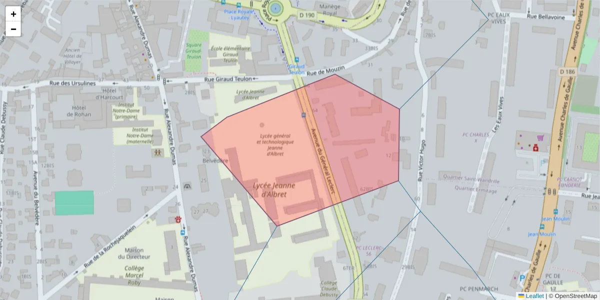 Carte de la zone du code postal  et des codes postaux voisins en France