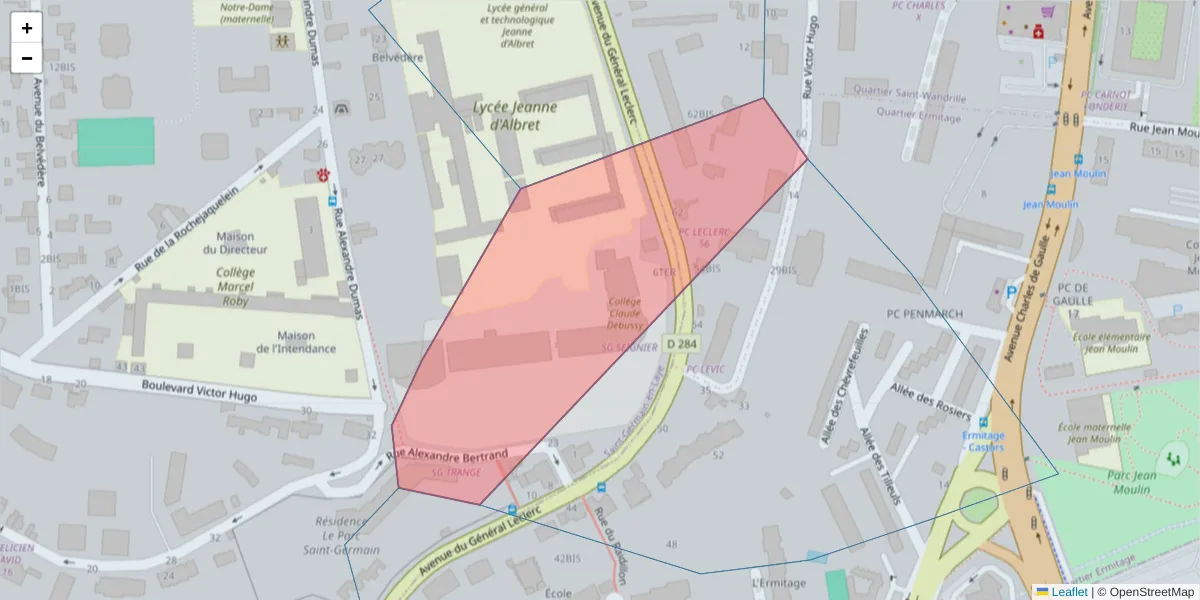 Carte de la zone du code postal  et des codes postaux voisins en France