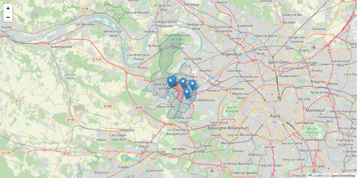 Carte de la zone du code postal  et des codes postaux voisins en France