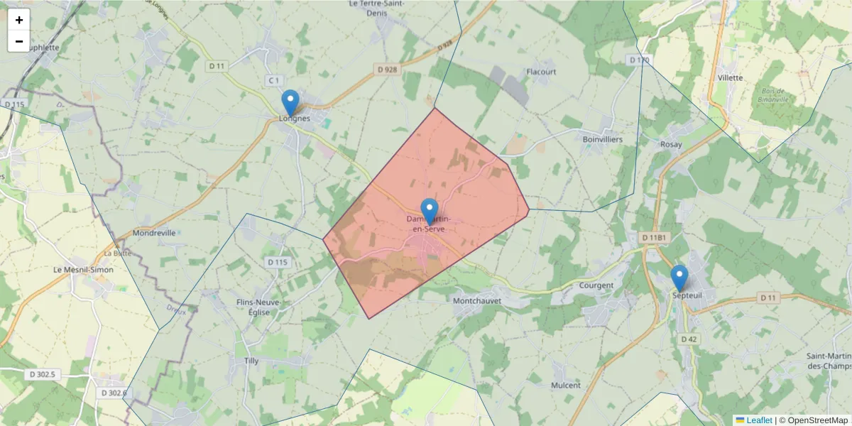 Carte de la zone du code postal  et des codes postaux voisins en France