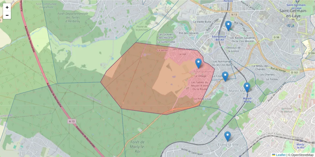 Carte de la zone du code postal  et des codes postaux voisins en France
